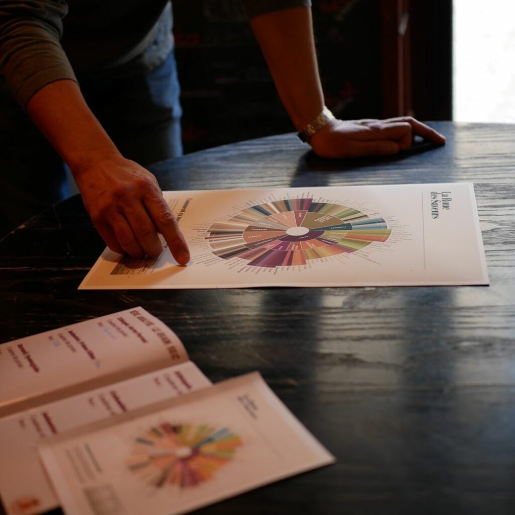 Flash card “roue des saveurs” pointée du doigt par un participant