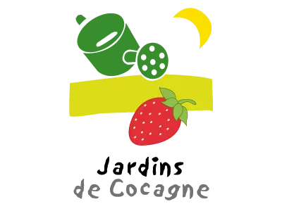 Logo Jardin de Cocagne : illustration stylisée de fruits (fraise, cactus, banane) sur fond jaune.