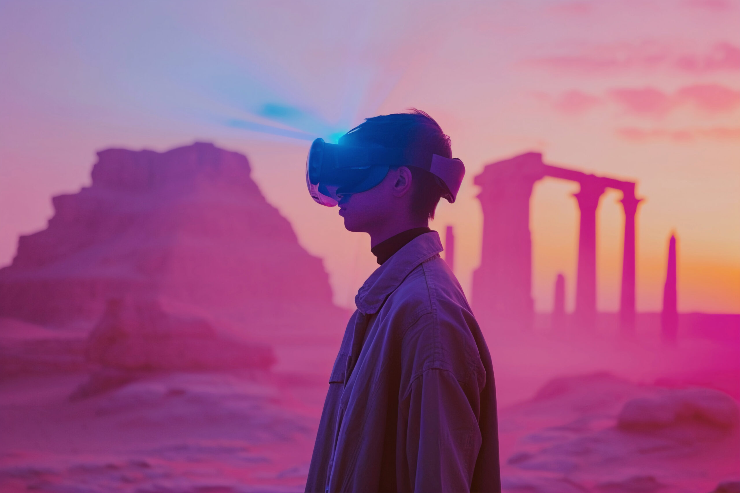 Jeune Homme debout avec casque vr