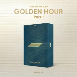Cover de l'album "Golden Hour part. 1" (version blue hour) du groupe de Kpop Ateez sur fond doré