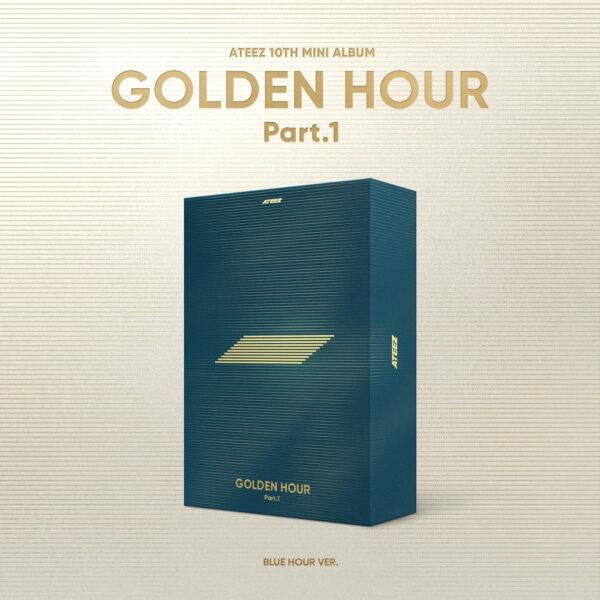 Cover de l'album "Golden Hour part. 1" (version blue hour) du groupe de Kpop Ateez sur fond doré