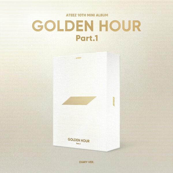 Cover de l'album "Golden Hour part. 1" (version diary) du groupe de Kpop Ateez sur fond doré