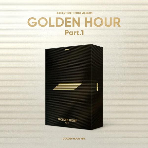 Cover de l'album "Golden Hour part. 1" (version golden hour) du groupe de Kpop Ateez sur fond doré
