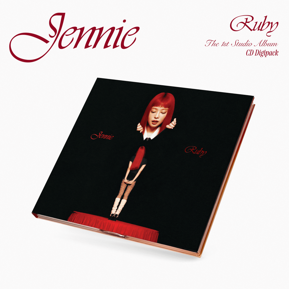 Cover de l'album Ruby de la chanteuse Jennie (membre de Blackpink) sur fond blanc avec des textes rouge