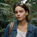 Photo d'une femme brune avec des lunettes de soleil sur la tête et des boucles d'oreilles. Elle porte une veste en jean et un t-shirt blanc avec un sac en bandoulière.
