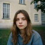 Photo d'une femme avec des cheveux châtains, des yeux marrons et qui porte une veste en jean