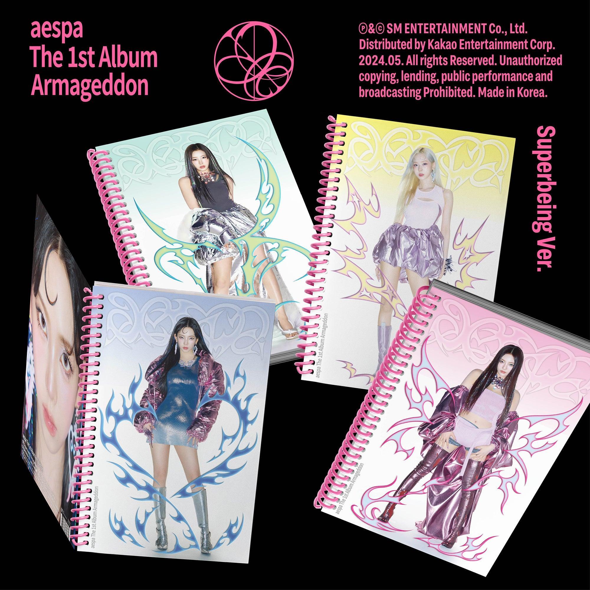 Cover des 4 versions de l'album "Armageddon" (une version représente une membre) du groupe de Kpop Aespa sur fond noir