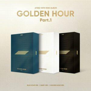 Cover des 3 versions de l'album "Golden Hour part. 1" (Blue hour, diary, golden hour) du groupe de Kpop Ateez sur fond doré avec le nom du groupe et celui de l'album écrit en doré