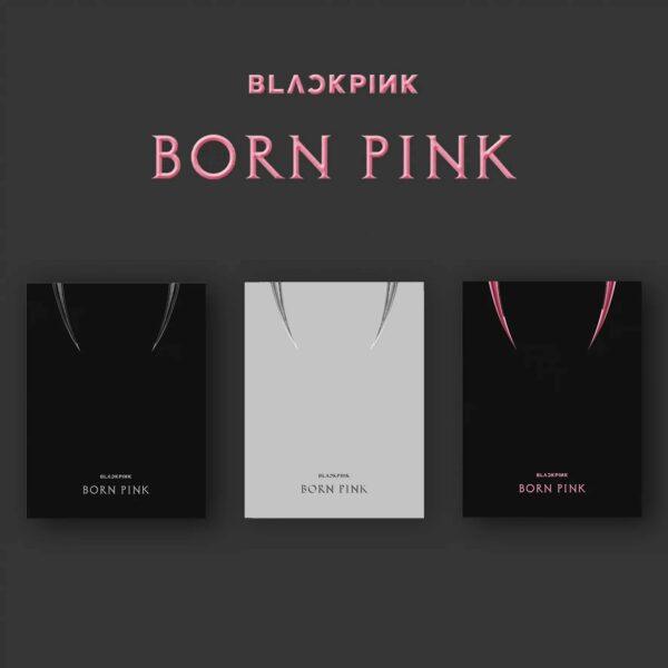 Cover des 3 versions de l'album "Born Pink" (grise, blanche et rose) du groupe de Kpop Blackpink sur fond noir avec le nom du groupe et celui de l'album écrit en rose