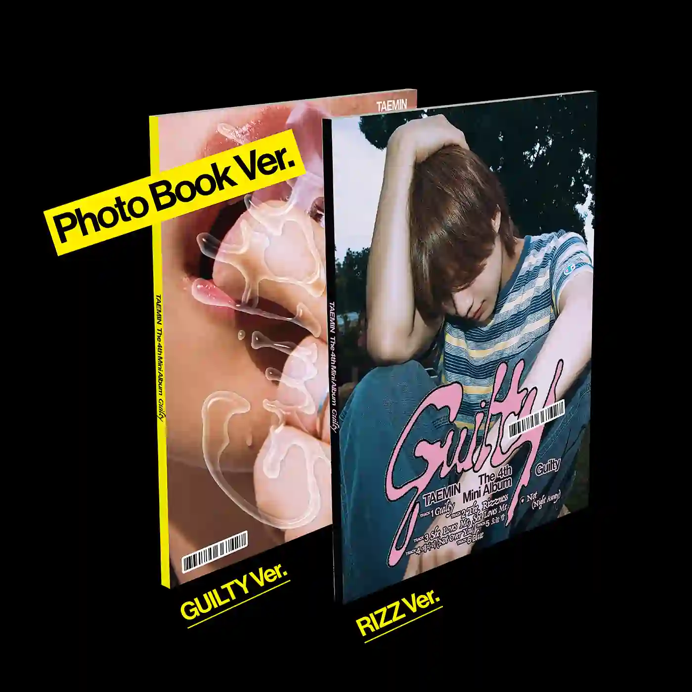 Cover des 2 versions de l'album "Guilty" (Guilty et Rizz) de Taemin sur fond noir