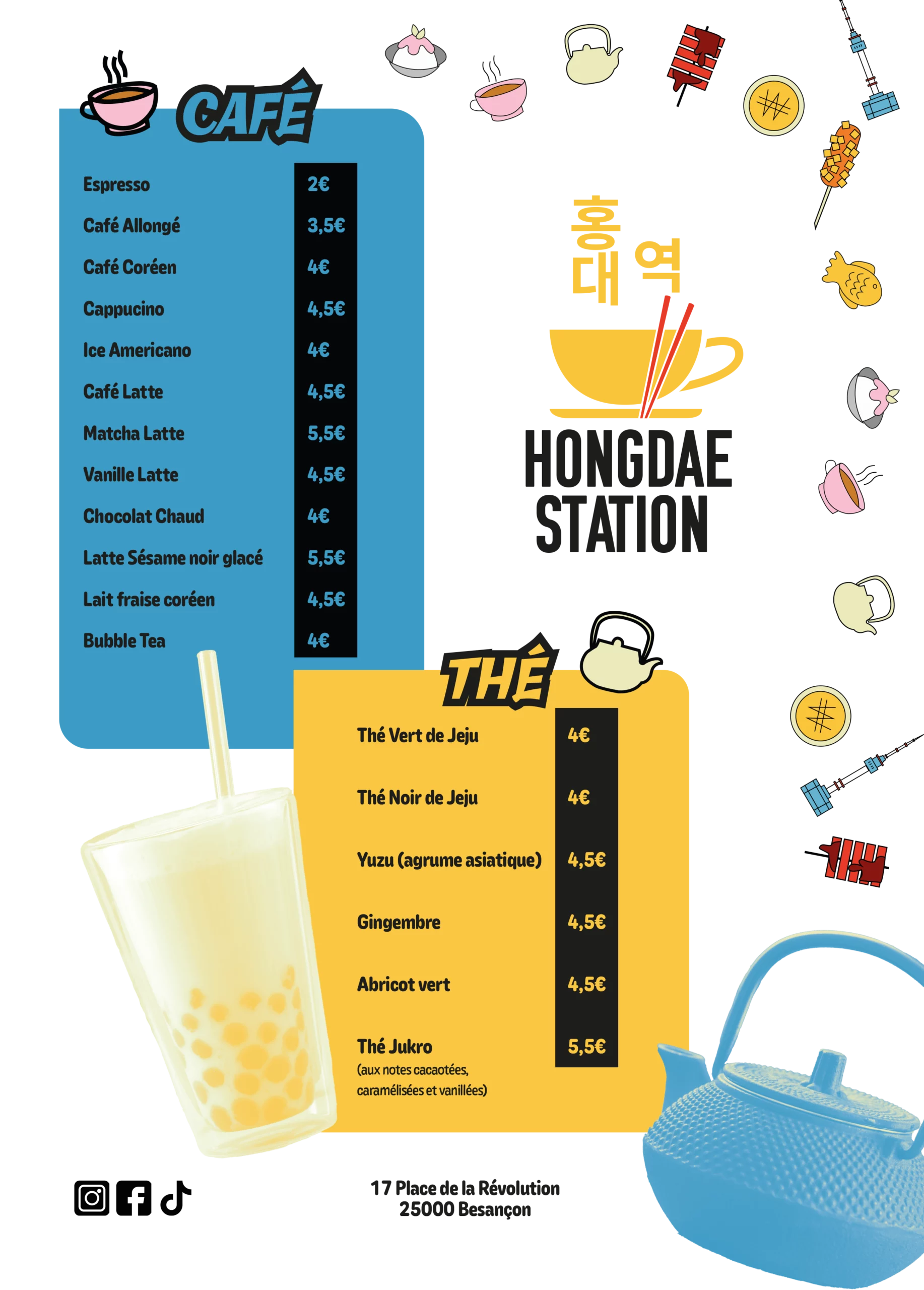 Menu de café/restaurant qui présente les différents café et thé. Il y a aussi le logo du lieu ainsi que des picto des motifs.