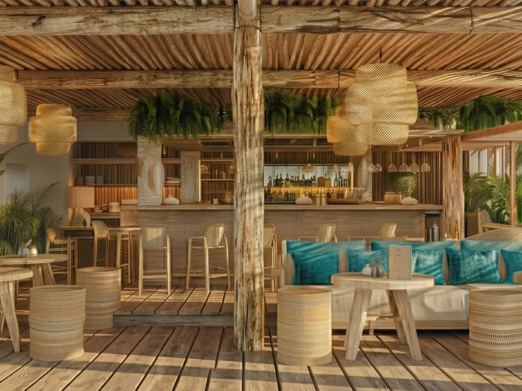 Bar de plage et lounge bar La Casa Boho à Pampelonne avec banquettes et ambiance bohème chic