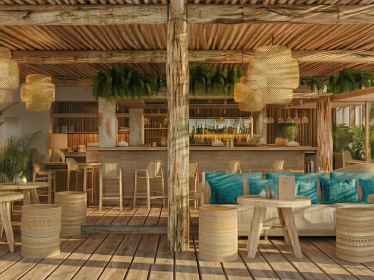 Bar de plage et lounge bar La Casa Boho à Pampelonne avec banquettes et ambiance bohème chic