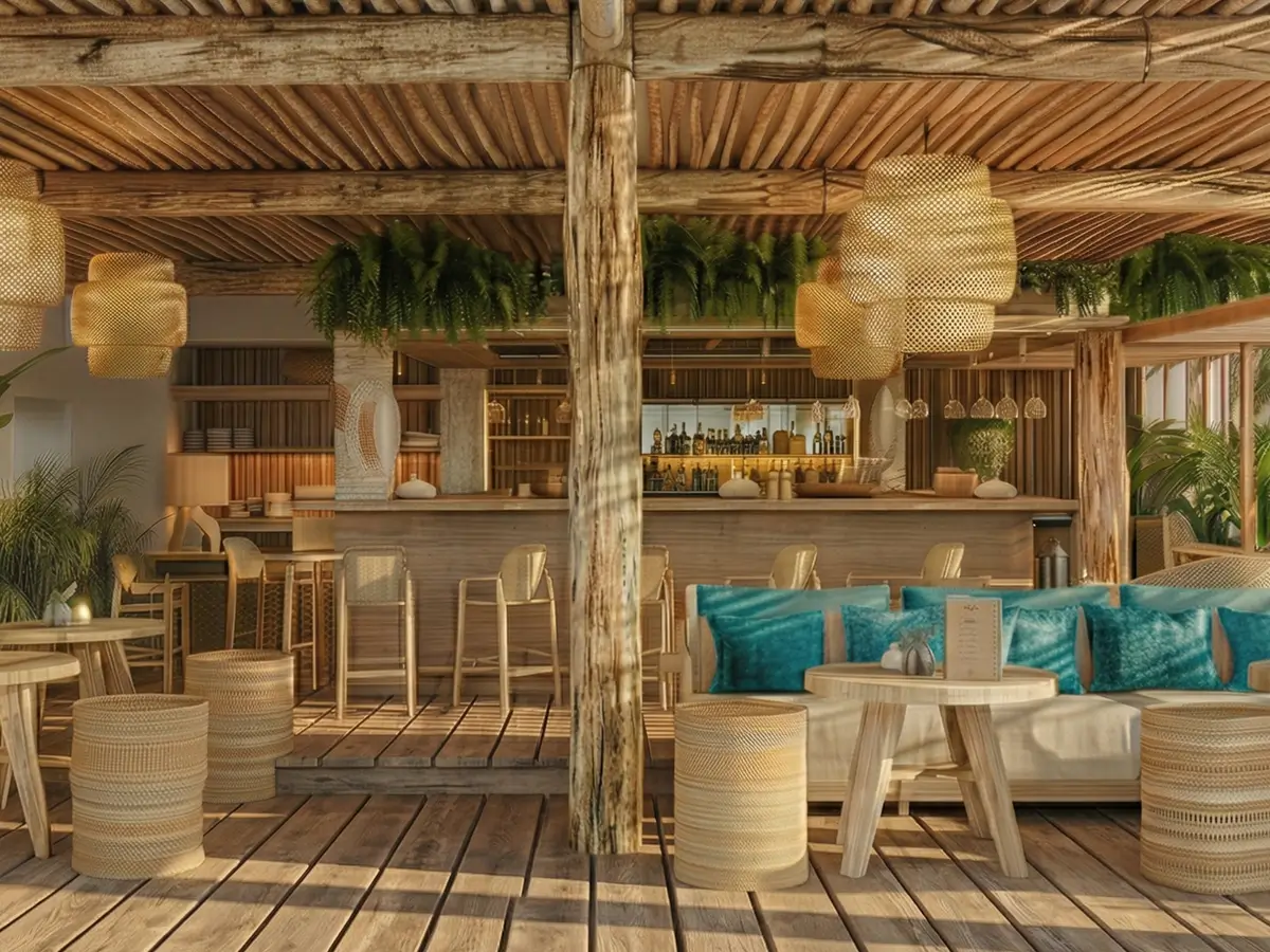 Bar de plage et lounge bar La Casa Boho à Pampelonne avec banquettes et ambiance bohème chic