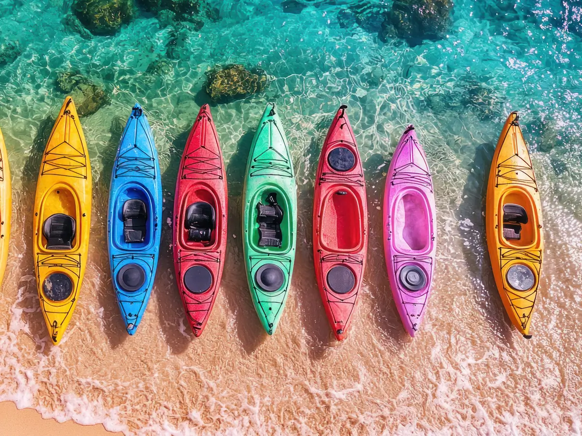 Kayaks colorés sur la plage de Pampelonne pour les activités La Casa Boho