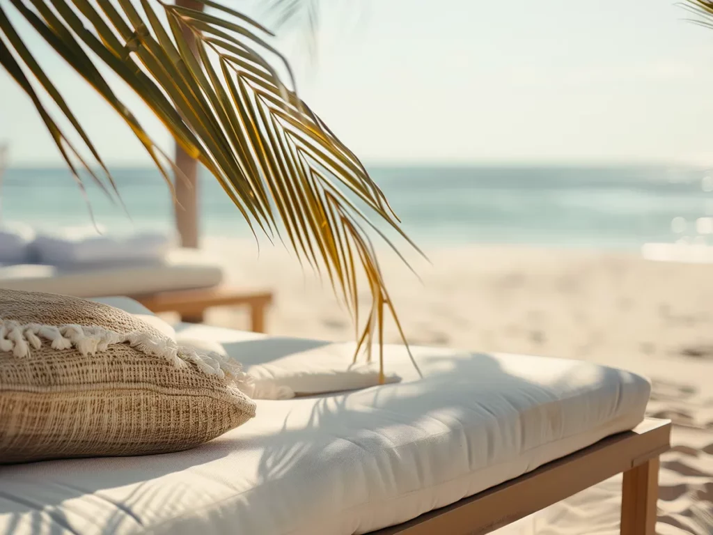 Détail d’un transat avec coussin beige sur la plage privée La Casa Boho