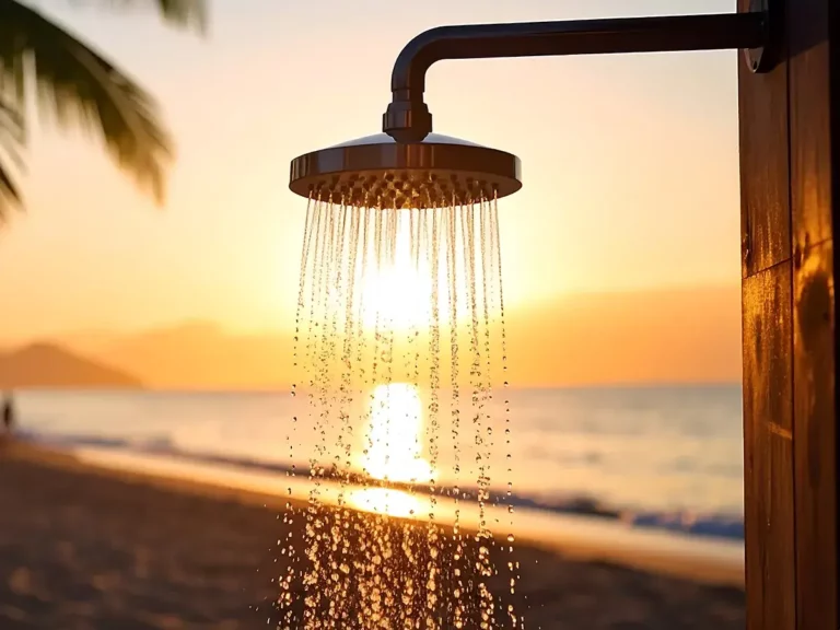Douche extérieure sur la plage privée La Casa Boho face à la mer au coucher du soleil