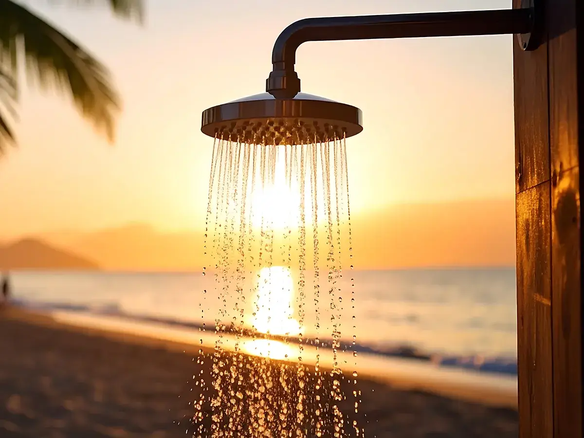 Douche extérieure sur la plage privée La Casa Boho face à la mer au coucher du soleil