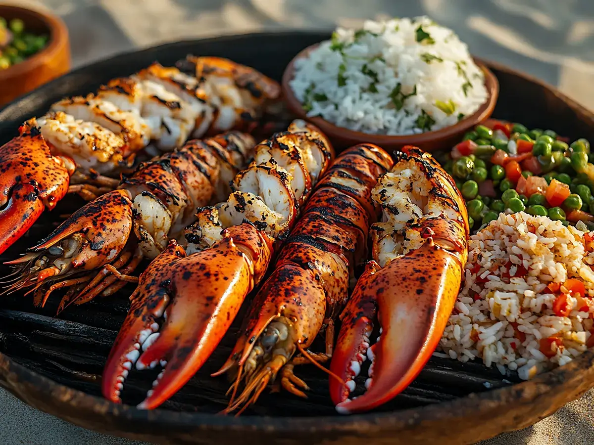 Plat de homard grillé avec accompagnements au restaurant La Casa Boho à Ramatuelle