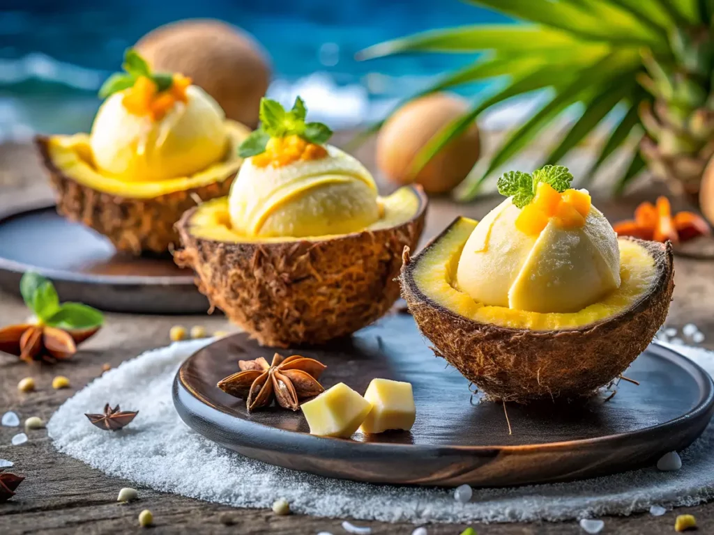 Dessert au fruit de la passion servi au restaurant La Casa Boho sur la plage de Pampelonne