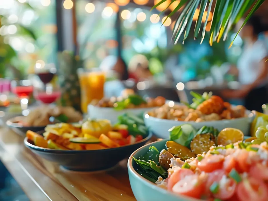 Table de plats méditerranéens au restaurant La Casa Boho sur la plage de Pampelonne
