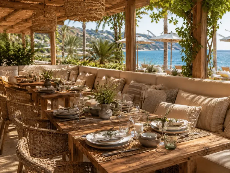 Restaurant bohème chic en bord de mer à Ramatuelle, avec tables dressées, matières naturelles et ambiance méditerranéenne chaleureuse.