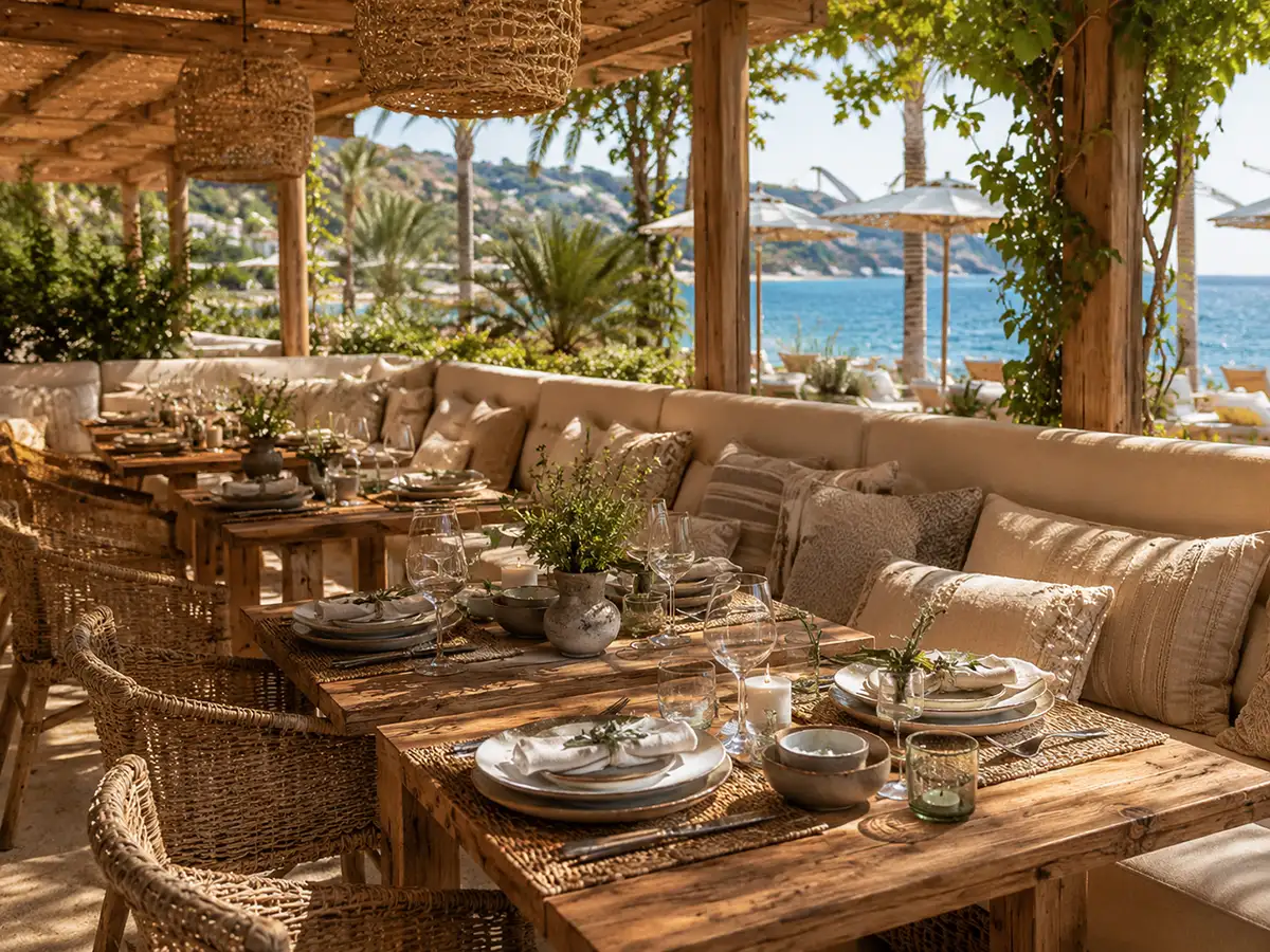 Restaurant bohème chic en bord de mer à Ramatuelle, avec tables dressées, matières naturelles et ambiance méditerranéenne chaleureuse.