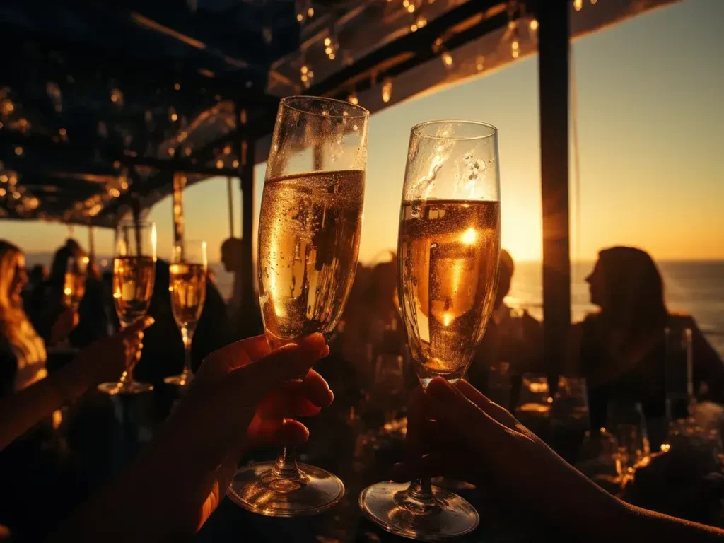 Verres de champagne pendant l’Apéro Bulles à La Casa Boho sur la plage de Pampelonne