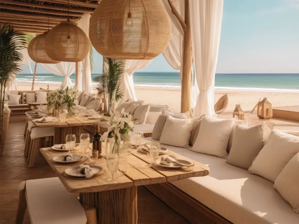 Table en bois dressée dans le restaurant La Casa Boho avec banquette et coussins beiges face à la mer