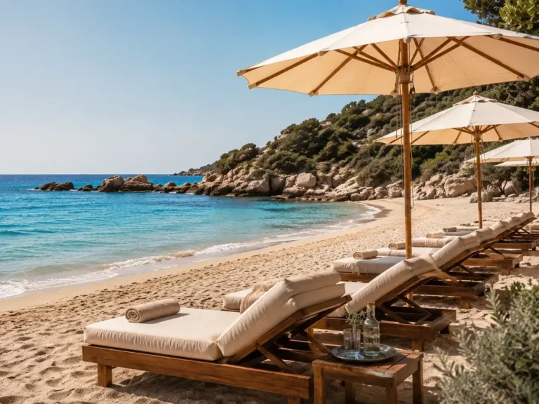 Transats et parasols beiges face à la mer sur la plage privée La Casa Boho à Ramatuelle