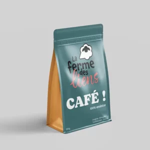 Sachet de café moulu avec le logo de La ferme des liens, ferme thérapeutique à Besançon