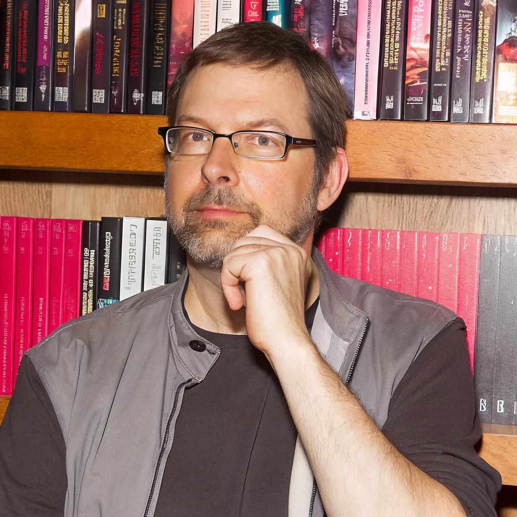 homme avec lunette rectangulaire et cheveux bruns, en fond une bibliothèque