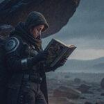 Une personne avec une capuche qui lit un livre dans un environnement hostile.