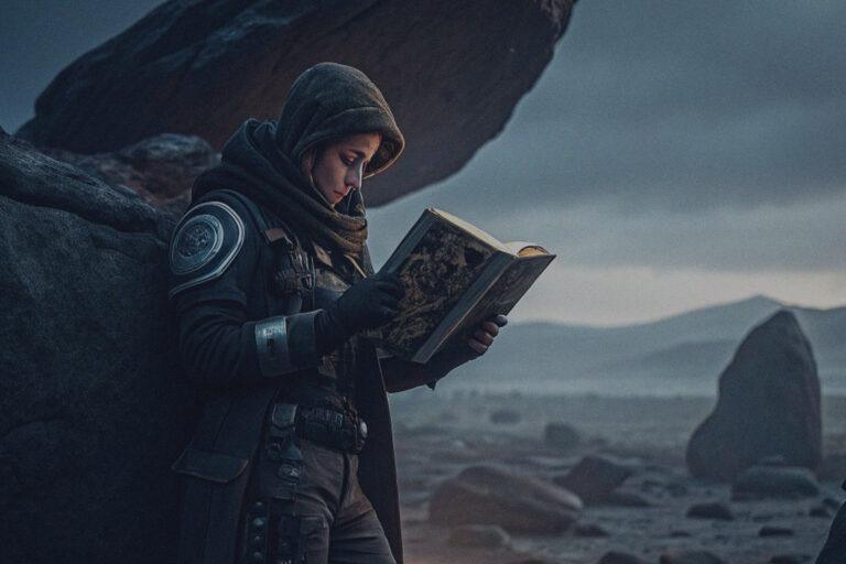 Une personne avec une capuche qui lit un livre dans un environnement hostile.