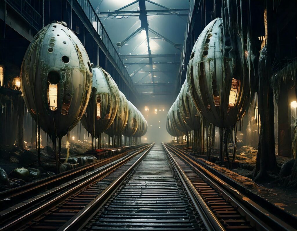 C'est un entrepôt immense avec une atmosphère sombre et glauque. Il y a des gigantesques cocons en forme d'oeufs avec des trous dans leurs coques dans un état délabré. Les cocons sont reliè à des rails au sol.