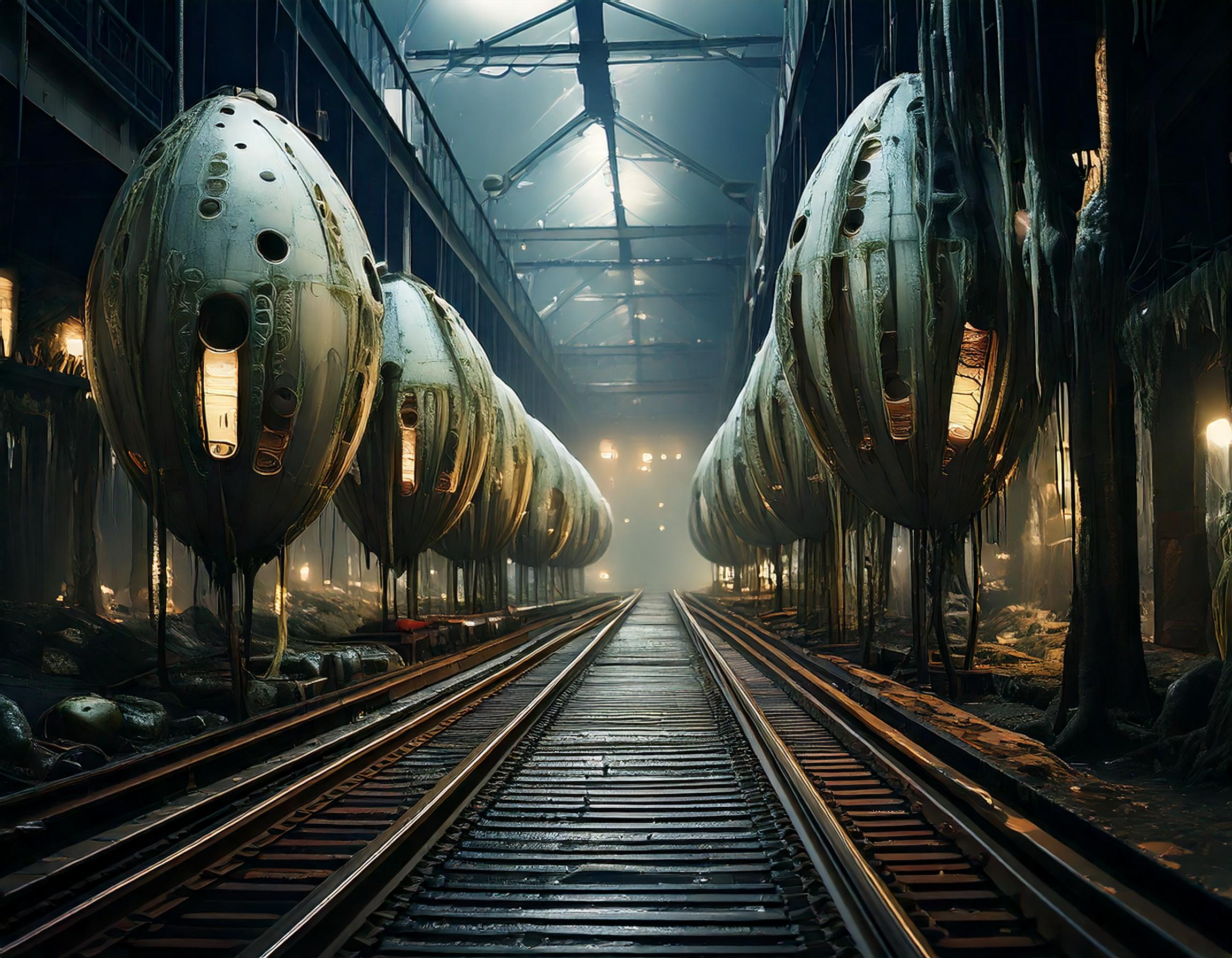 C'est un entrepôt immense avec une atmosphère sombre et glauque. Il y a des gigantesques cocons en forme d'oeufs avec des trous dans leurs coques dans un état délabré. Les cocons sont reliè à des rails au sol.