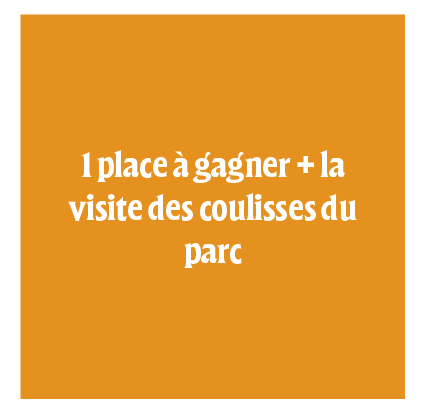 Affiche avec un fond orange et un texte qui dis " 1 place à gagner + la visite des coulisses du parc".