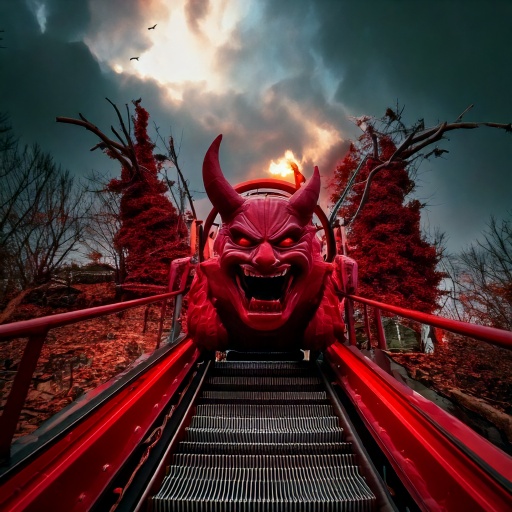 Plan rapproché sur les rails rouge d'une attraction avec un wagon rouge en forme de diable. En fond il y a un ciel sombre et nuageux.
