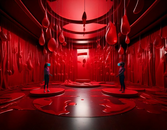 Attraction "RV Spéciale Slasher". Pièce rouge avec du sang et 2 personnes portant un casque de réalité virtuelle.
