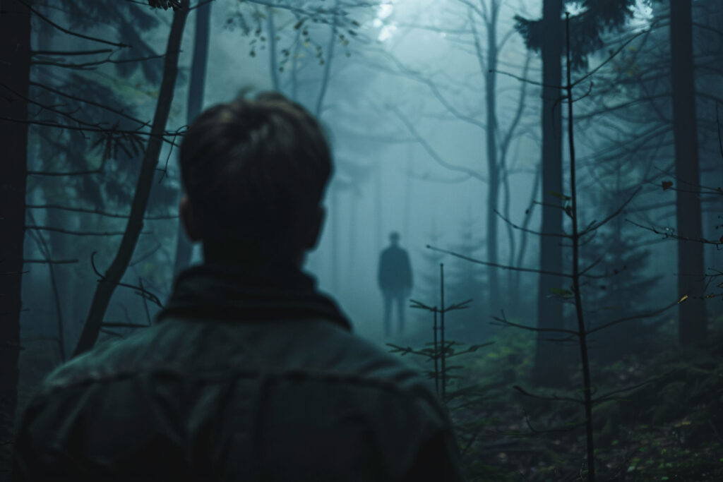 Attraction "course à la vie", 2 hommes sont dans les bois sombres.