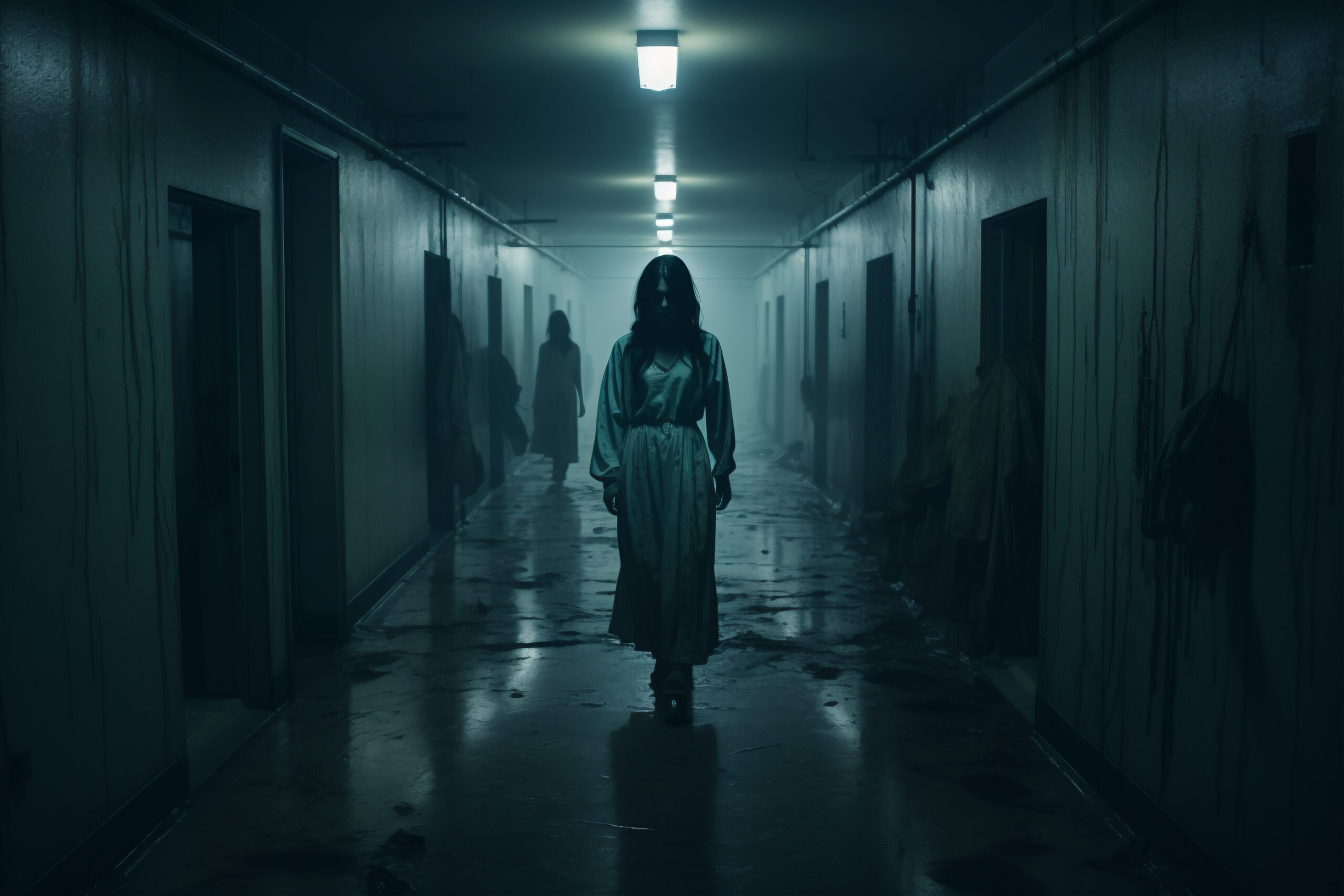 Attraction "Esprit Détraqué". Femme errant dans un couloir d'un hôpital abandonné.