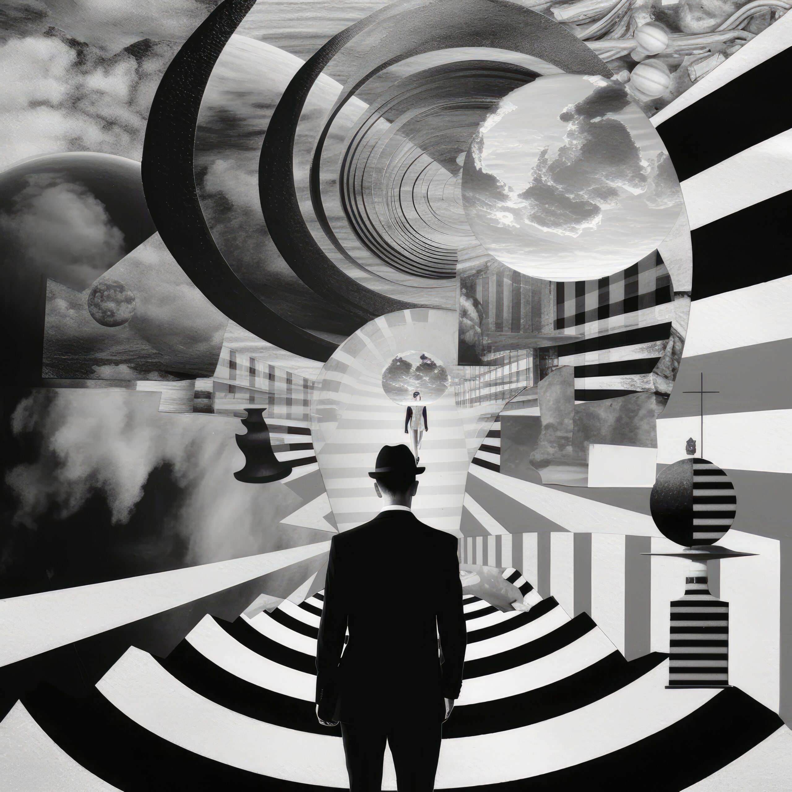 Attraction Psy-Impact. Homme dans un pièce au décor confus et asbrait.