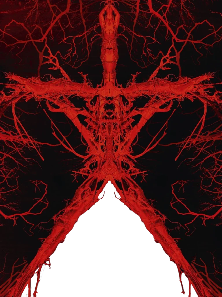Attraction "Blair Witch 2.0". Symbole en forme d'étoile à 5 branches rouge sur fond noir.