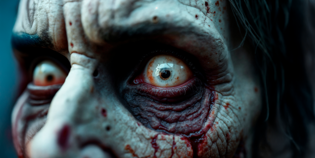 Gros plan sur un visage de zombie avec les yeux et le visage ensanglanté.