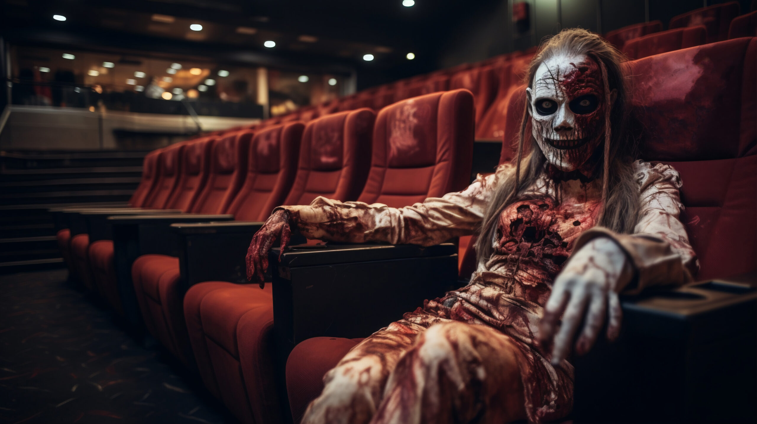 Salle de cinéma avec un zombie assis dans un fauteuil.