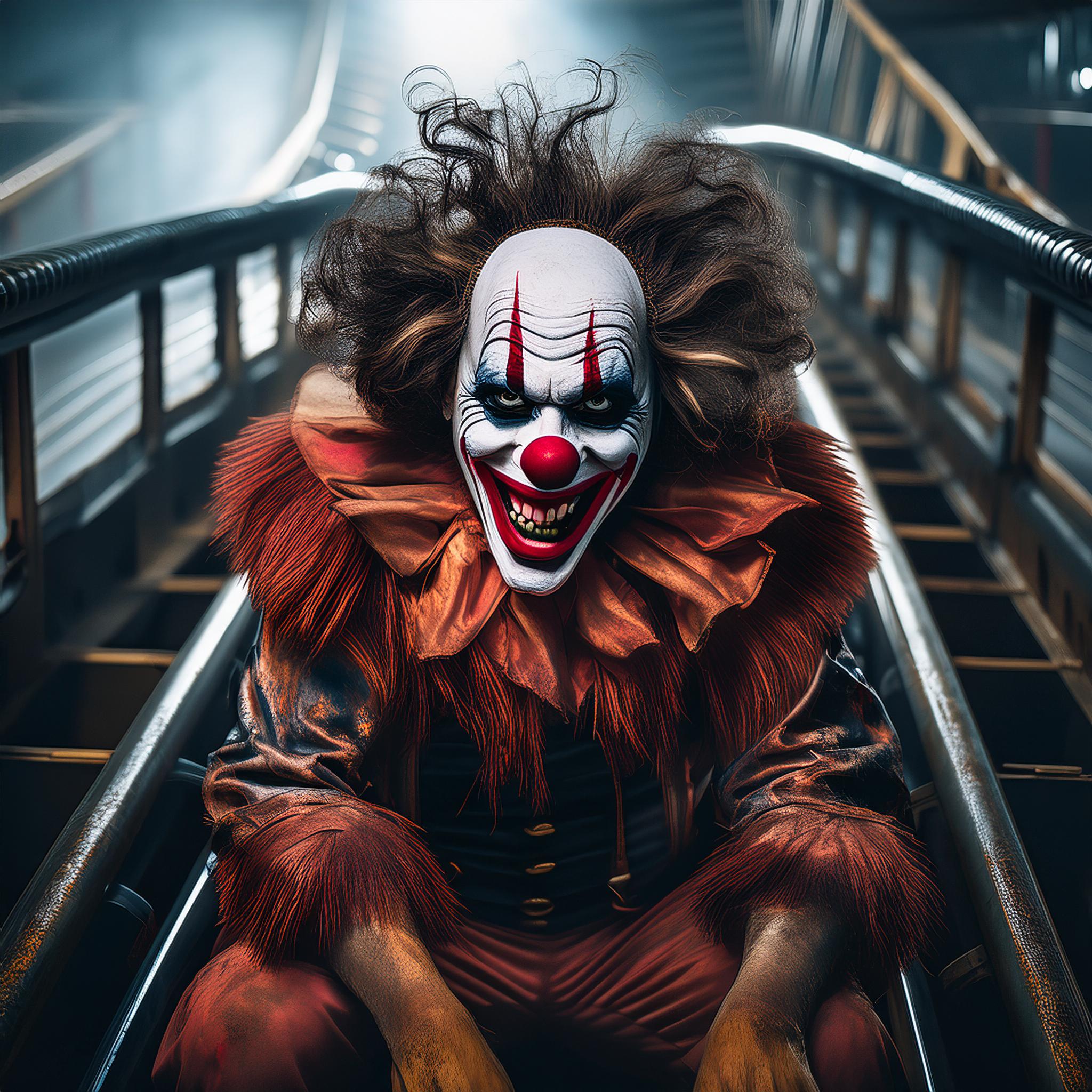 Un clown est assis sur les rails d'une attraction. Il porte un costume orange qui n'est pas très propre. Il a le visage maquillé comme un clown avec un sourire narquois.