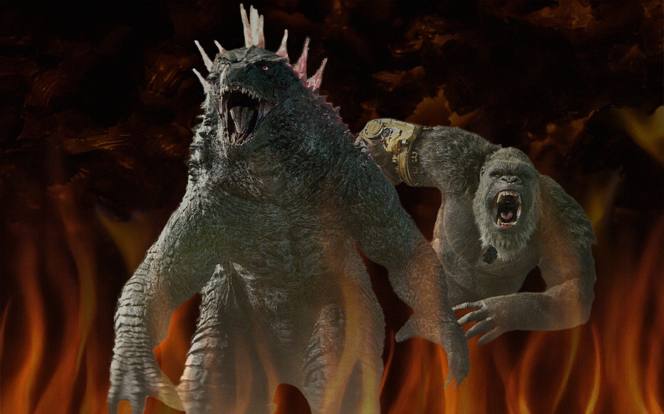 King Kong et Godzilla hurlent. Il y a un fond noir avec des flammes autour des deux personnages.