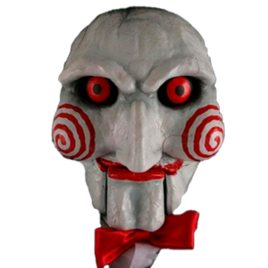 Tête de marionnette aux yeux rouge avec le visage peint en blanc avec des spirales rouge sur les joues.