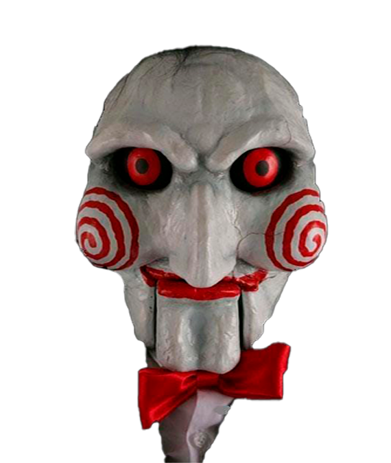 Tête de marionnette aux yeux rouge avec le visage peint en blanc avec des spirales rouge sur les joues.