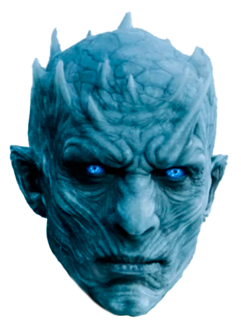 Tête d'un monstre des glaces à la peau bleu clair.